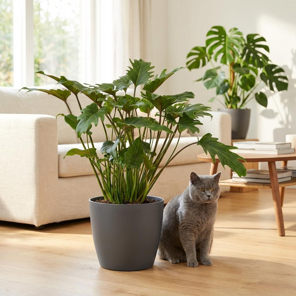 Philodendron Xanadu Zimmerpflanze 60cm – grüne Blattpflanze im Übertopf Grau Ø19cm – tief eingeschnittene Blätter – pflegeleicht für Wohnung & Büro, ideal bei Halbschatten 