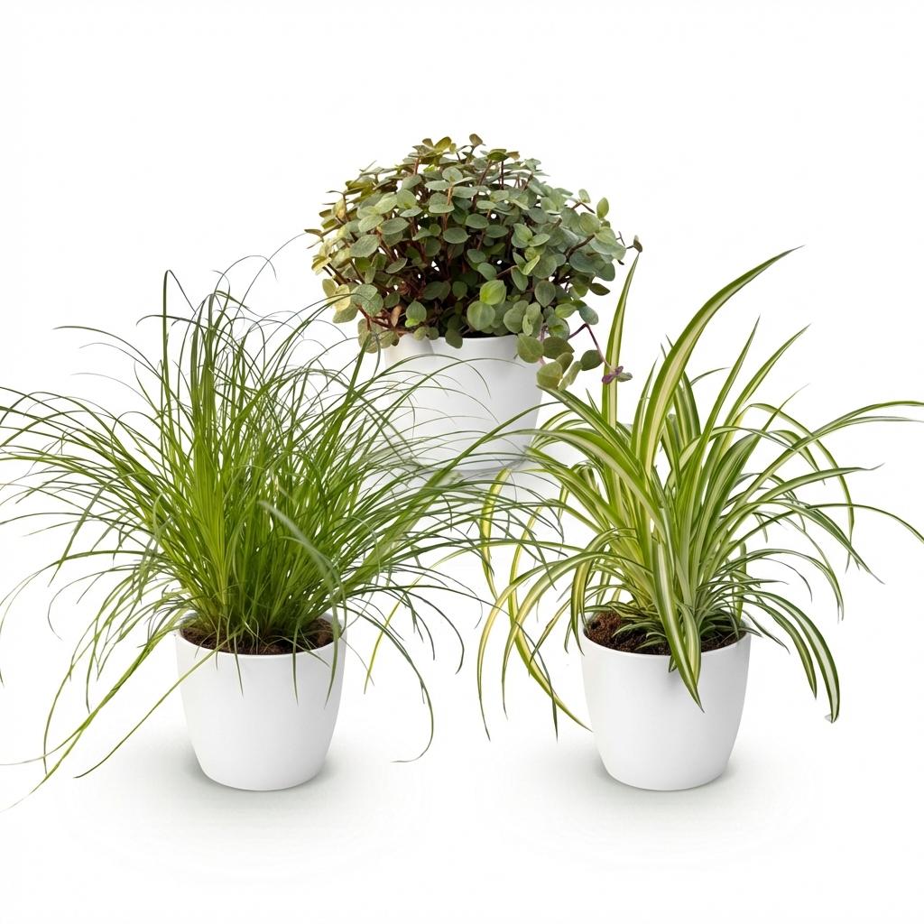 Green boutiQ - Zimmerpflanze - Cyperus - Calissia - Chlorophytum - Mix aus 3 - Haustierfreundliche Pflanzen - Grün - 3 Pflanzen - mit Potter Weiß - Topf 12cm - Höhe 20cm 