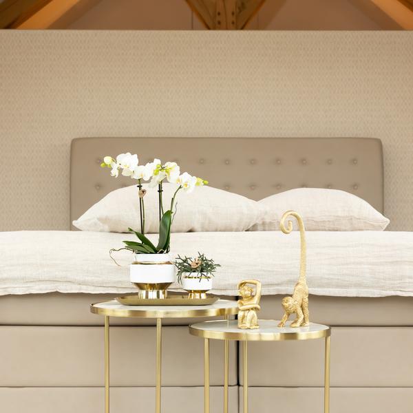 Le Chic Blumentopf – Weißer Keramiktopf mit goldenen Details – Ø9cm – Eleganter Ziertopf für Orchideen & Grünpflanzen – Stilvoller Deko-Übertopf 