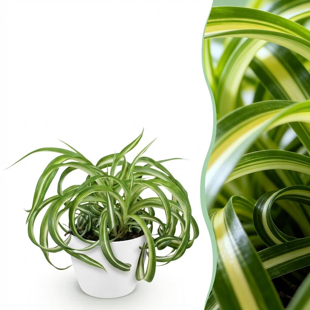 Green boutiQ - Zimmerpflanze - Chlorophytum comosum Bonnie - Lockige Graslilie - Haustierfreundliche Pflanze - Grün - 1 Pflanze - mit Potter Weiß - Topf 12cm - Höhe 20cm 