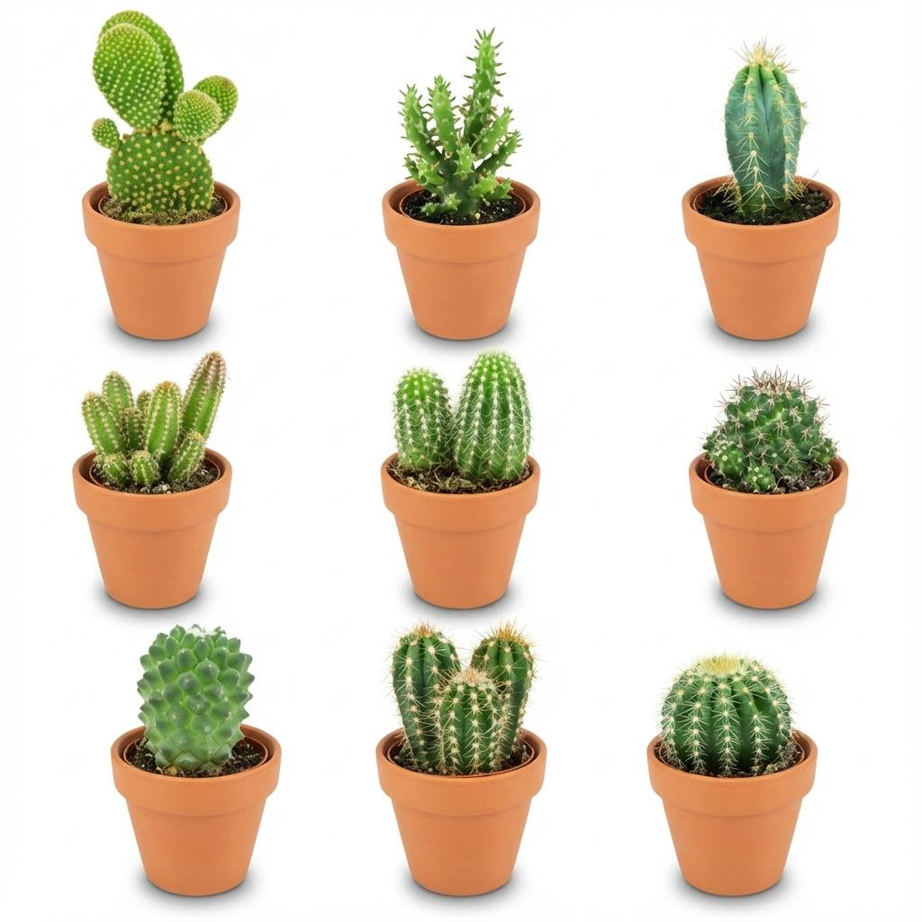 Mini Kaktus Mix – 9 Kakteen – Ø8,1cm Terrakottatöpfe – Höhe 5–10cm – Pflegeleichte Zimmerpflanzen – Ideal für Fensterbank Büro & Wohnraum 