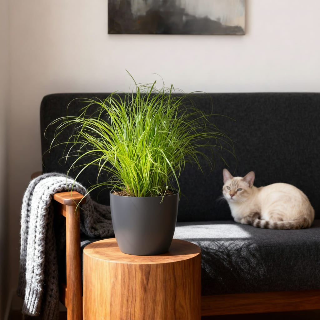 Green boutiQ - Zimmerpflanze - Cyperus alternifolius Zumula - Katzenpflanze - Haustierfreundliche Pflanze - Grün - 1 Pflanze - mit Potter Grau - Topf 12cm - Höhe 20cm 