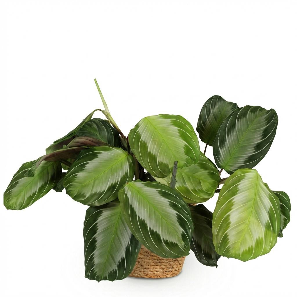 Green boutiQ - Zimmerpflanze - Maranta Fascinator Silverband - Gebetspflanze - Haustierfreundliche Pflanze - Grün - 1 Pflanze - mit Korb - Topf 12cm - Höhe 25cm 