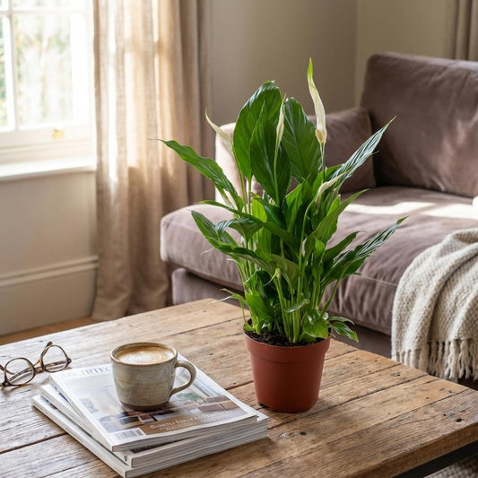 Spathiphyllum Einblatt – 4 Pflanzen – Ø12cm – Höhe 35–40cm – Luftreinigende Zimmerpflanze – Weiße Blüten – Ideal für Wohnraum & Büro 