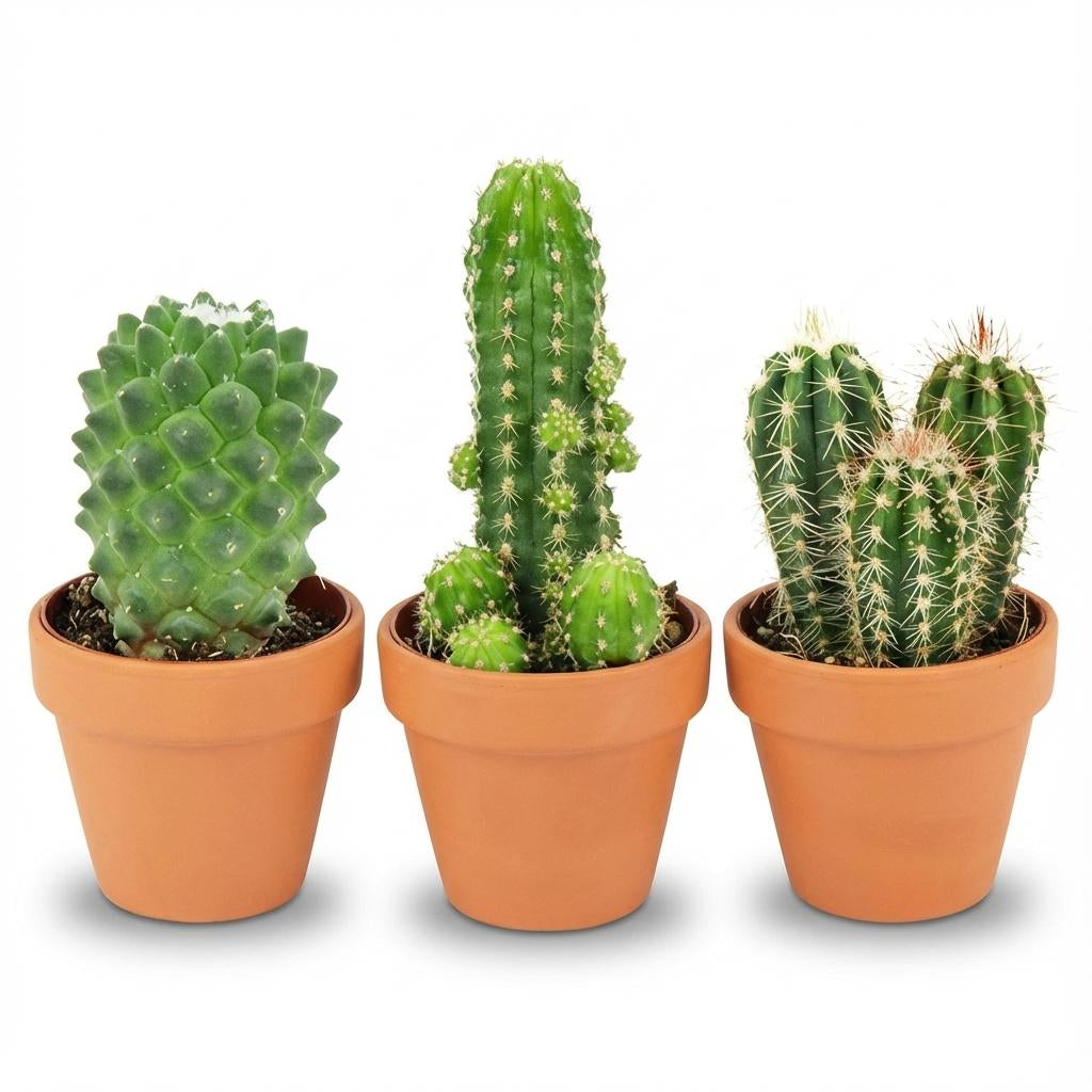 Mini Kakteen Mix – 3 Pflanzen – Ø8,1cm Terrakottatöpfe – Höhe 5–10cm – Pflegeleichte Zimmerpflanzen – Kleine Kakteen für Fensterbank & Büro 
