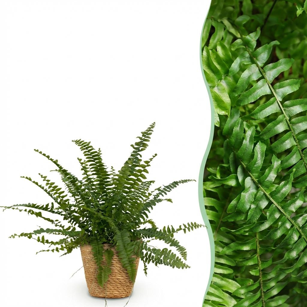 Green boutiQ - Zimmerpflanze - Nephrolepsis exaltata Green Lady - Farn - Haustierfreundliche Pflanze - Grün - 1 Pflanze - mit Korb - Topf 12cm - Höhe 25cm 