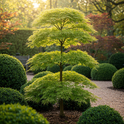 Japanischer Ahorn – Acer palmatum 'Emerald Lace' – Balkonpflanze – ca. 70 cm hoch – Topf Ø19 cm – feingeschnittenes grünes Laub, herbstliche Gold- & Rottöne – kompakt & pflegeleicht 