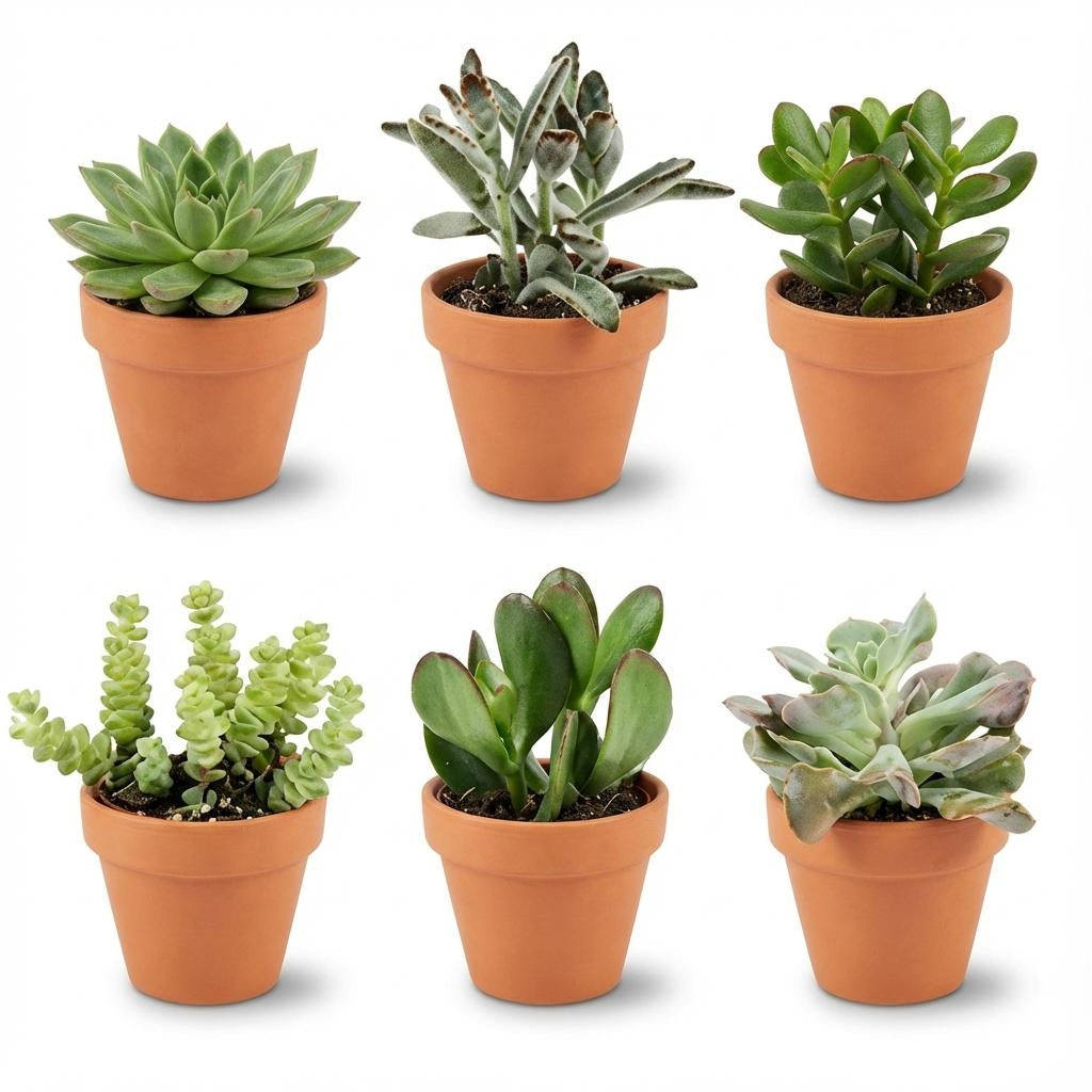 Mini Sukkulenten Mix – 6 Pflanzen – Ø8,1cm Terrakottatöpfe – Höhe 5–10cm – Pflegeleichte Zimmerpflanzen – Ideal für Fensterbank Büro & Wohnraum 
