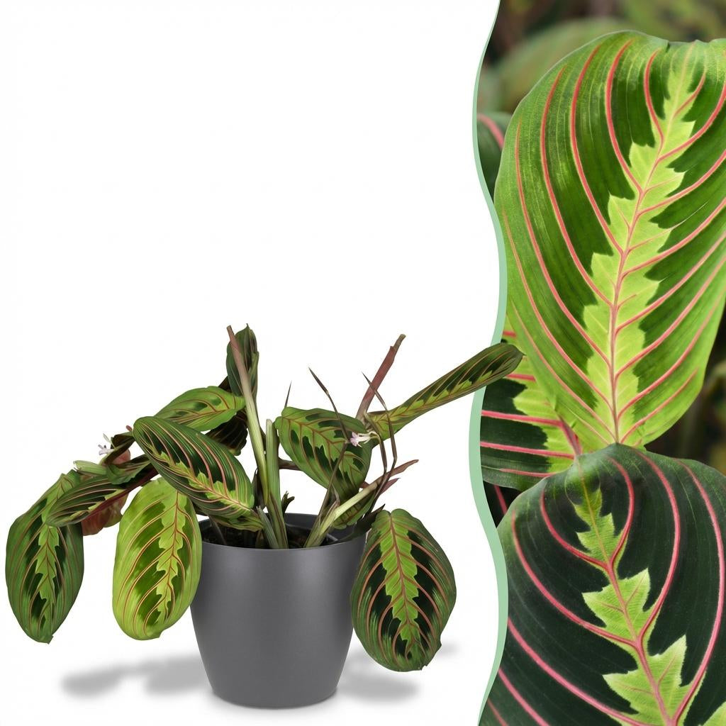 Green boutiQ - Zimmerpflanze - Maranta Fascinator Tricolour - Gebetsblatt - Haustierfreundliche Pflanze - Grün - 1 Pflanze - mit Potter Grau - Topf 12cm - Höhe 25cm 