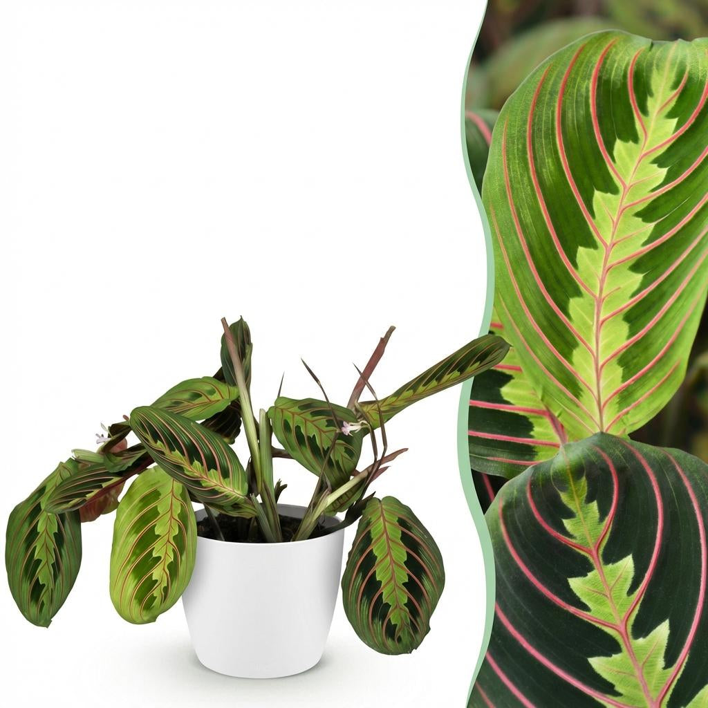 Green boutiQ - Zimmerpflanze - Maranta Fascinator Tricolour - Gebetsblatt - Haustierfreundliche Pflanze - Grün - 1 Pflanze - mit Potter Weiß - Topf 12cm - Höhe 25cm 