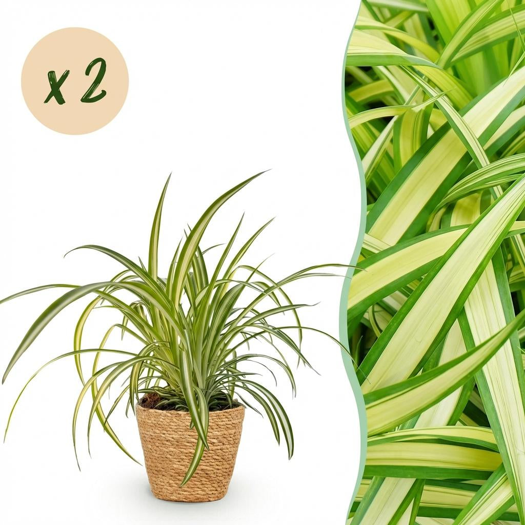 Green boutiQ - Zimmerpflanze - Chlorophytum comosum Variegatum - Bunte Graslilie - Haustierfreundliche Pflanze - Grün - 2 Pflanzen - mit Korb - Topf 12cm - Höhe 20cm 