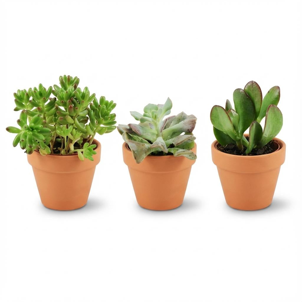 Mini Sukkulenten Mix – 3 Pflanzen – Ø8,1cm Terrakottatöpfe – Höhe 5–10cm – Pflegeleichte Zimmerpflanzen – Ideal für Fensterbank Büro & Wohnraum 