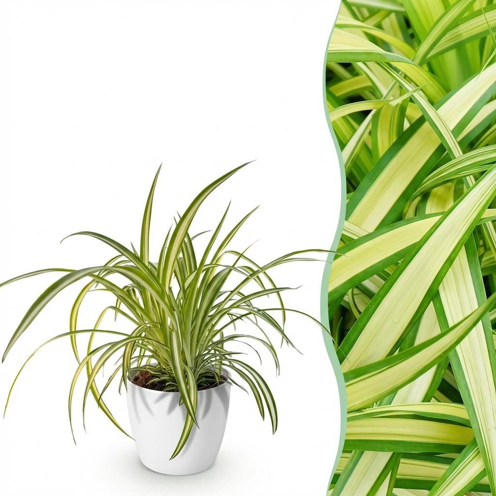 Green boutiQ - Zimmerpflanze - Chlorophytum comosum Variegatum - Bunte Graslilie - Haustierfreundliche Pflanze - Grün - 1 Pflanze - mit Potter Weiß - Topf 12cm - Höhe 20cm 