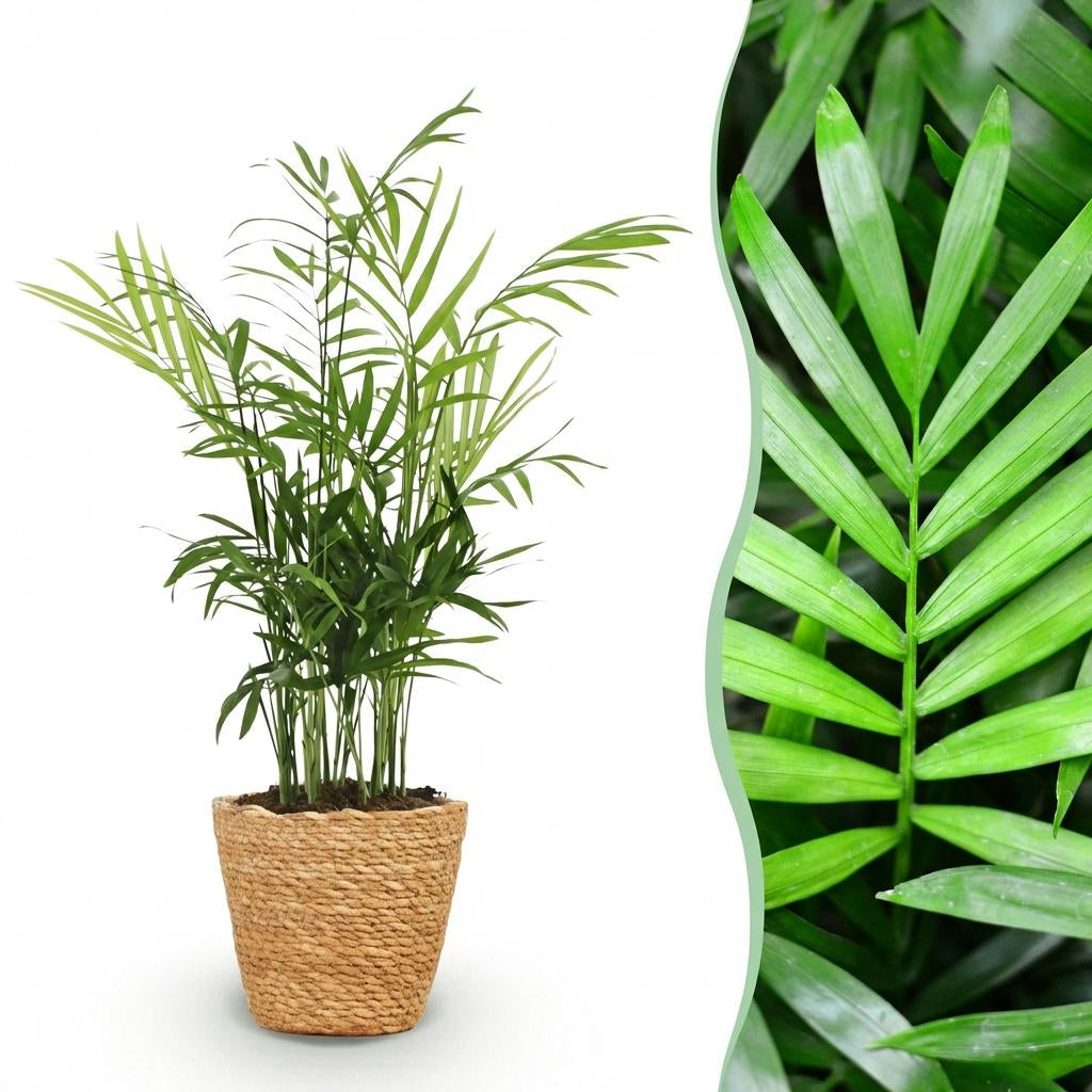 Green boutiQ - Zimmerpflanze - Chamaedorea elegans - Goldpalme - Haustierfreundliche Pflanze - Grün - 1 Pflanze - mit Korb - Topf 12cm - Höhe 15cm 