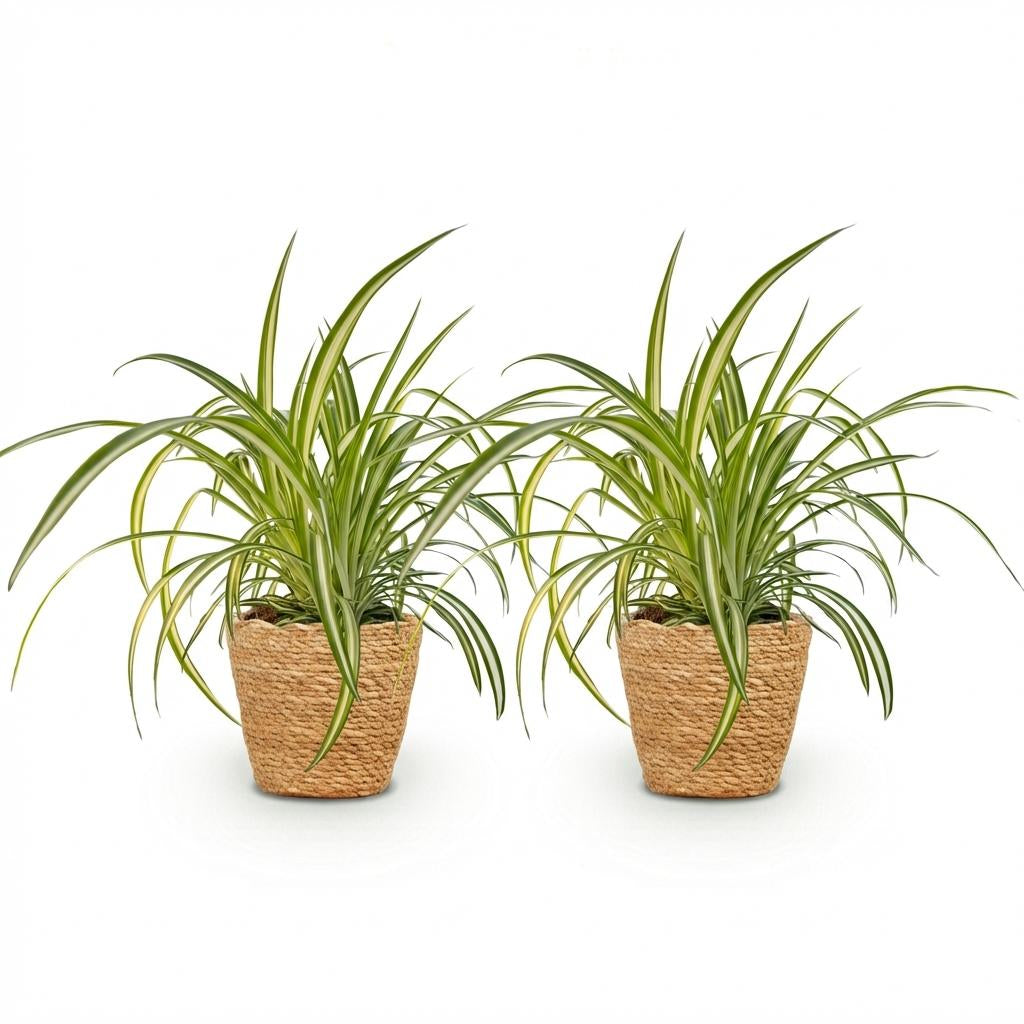 Green boutiQ - Zimmerpflanze - Chlorophytum comosum Variegatum - Bunte Graslilie - Haustierfreundliche Pflanze - Grün - 2 Pflanzen - mit Korb - Topf 12cm - Höhe 20cm 