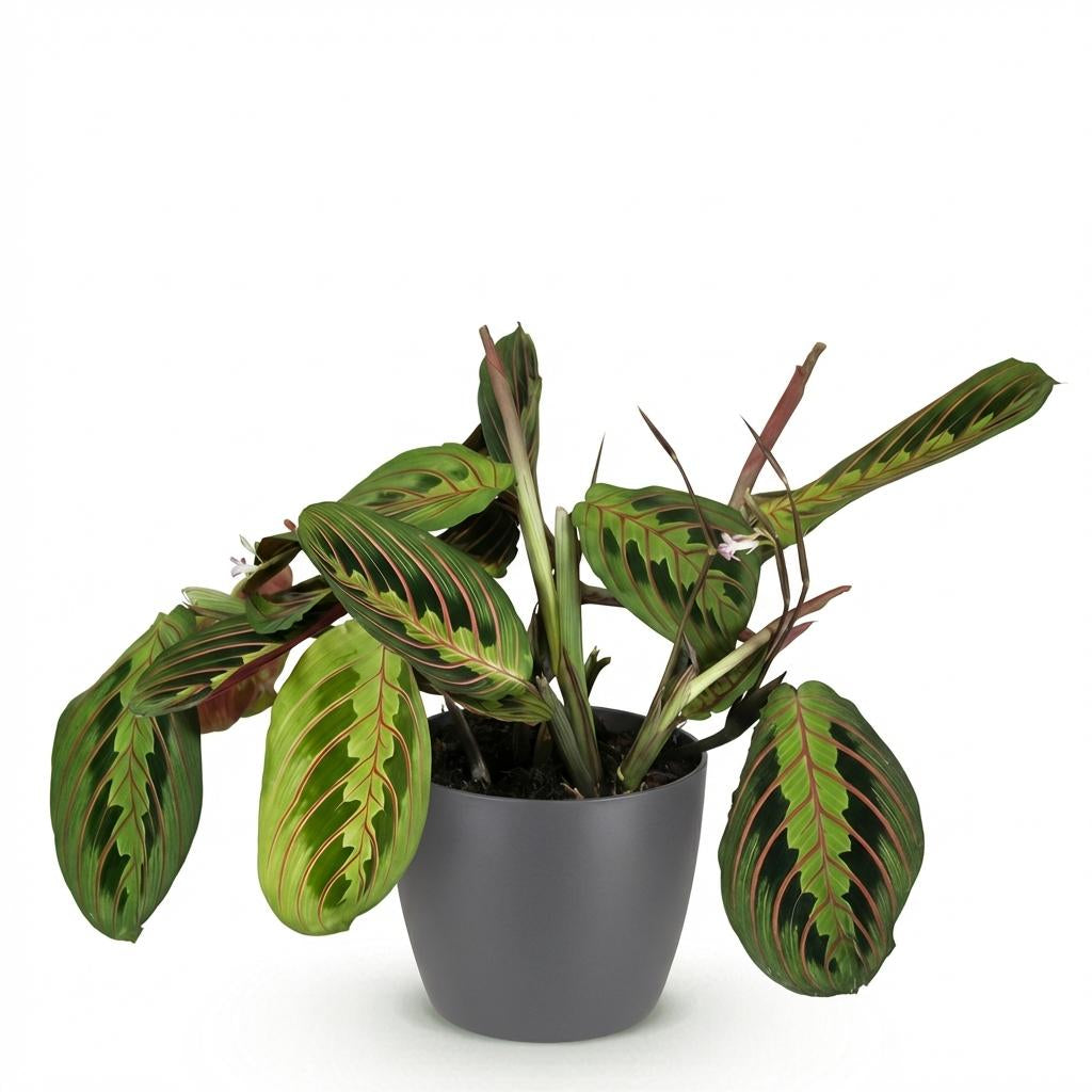 Green boutiQ - Zimmerpflanze - Maranta Fascinator Tricolour - Gebetsblatt - Haustierfreundliche Pflanze - Grün - 1 Pflanze - mit Potter Grau - Topf 12cm - Höhe 25cm 