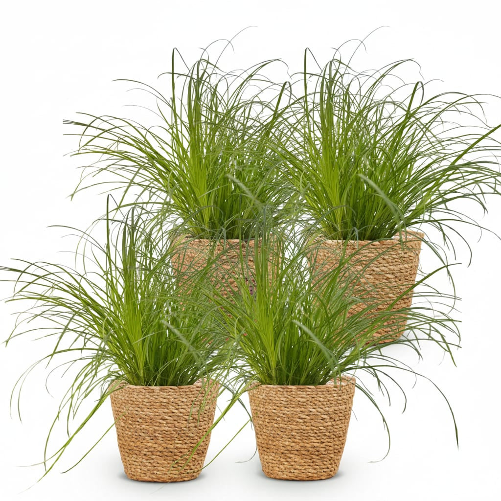 Green boutiQ - Zimmerpflanze - Cyperus alternifolius Zumula - Katzenpflanze - Haustierfreundliche Pflanze - Grün - 4 Pflanzen - mit Korb - Topf 12cm - Höhe 20cm 