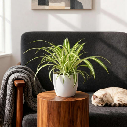 Green boutiQ - Zimmerpflanze - Chlorophytum comosum Variegatum - Bunte Graslilie - Haustierfreundliche Pflanze - Grün - 1 Pflanze - mit Potter Weiß - Topf 12cm - Höhe 20cm 